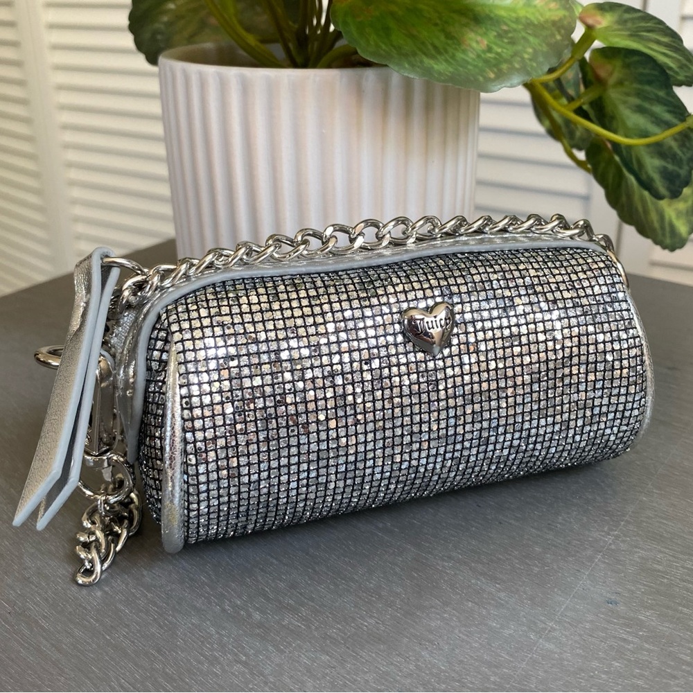 Juicy Couture Micro Mini Barrel Silver Metallic Glitter Hand Bag NEW